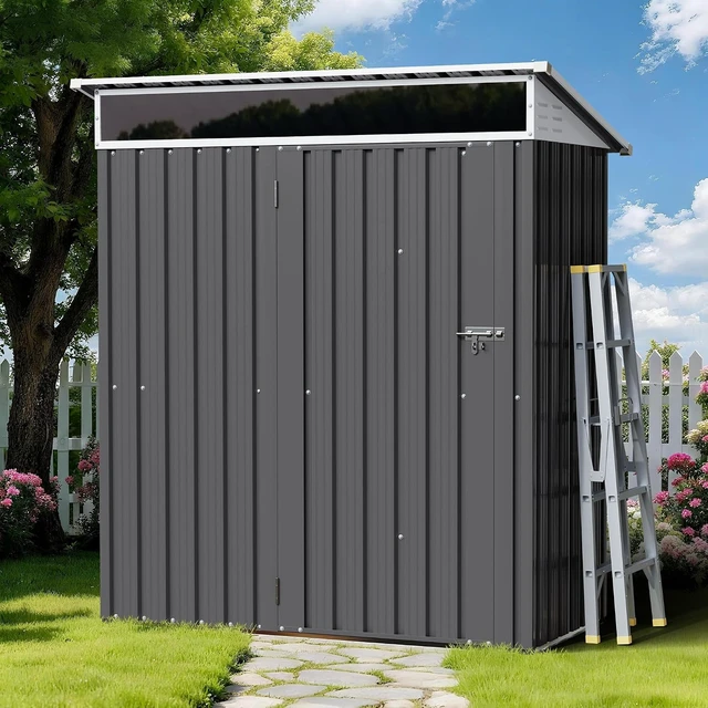 Alt view image 6 of 7 - 5x3 FT Outdoor Storage Shed with Window Waterproof Metal Garden Shed with Lockable Door, Weather Resistant Tool Storage for Backyard, Steel Gray