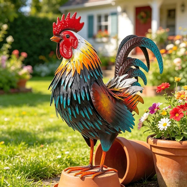 Main image of Metal Rooster Garden Statue Chicken Yard Art Outdoor Figurine for Patio, Backyard Decoration (Yellow)