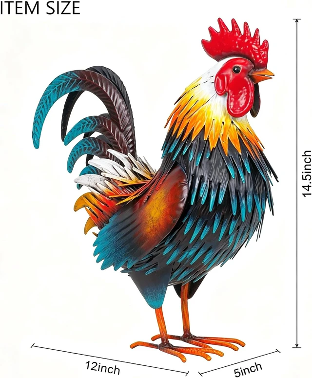 Alt view image 2 of 7 - Metal Rooster Garden Statue Chicken Yard Art Outdoor Figurine for Patio, Backyard Decoration (Yellow)