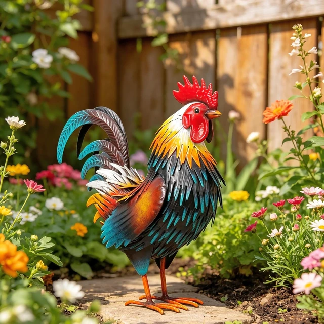 Alt view image 3 of 7 - Metal Rooster Garden Statue Chicken Yard Art Outdoor Figurine for Patio, Backyard Decoration (Yellow)