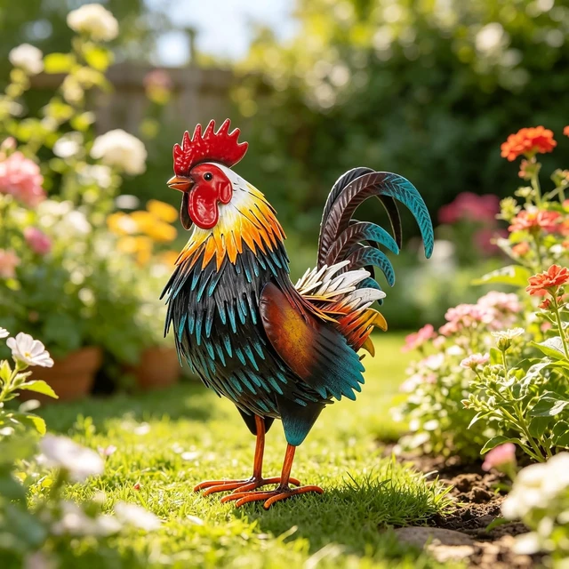 Alt view image 4 of 7 - Metal Rooster Garden Statue Chicken Yard Art Outdoor Figurine for Patio, Backyard Decoration (Yellow)