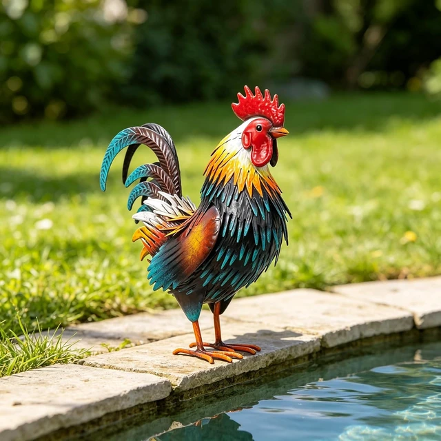 Alt view image 5 of 7 - Metal Rooster Garden Statue Chicken Yard Art Outdoor Figurine for Patio, Backyard Decoration (Yellow)