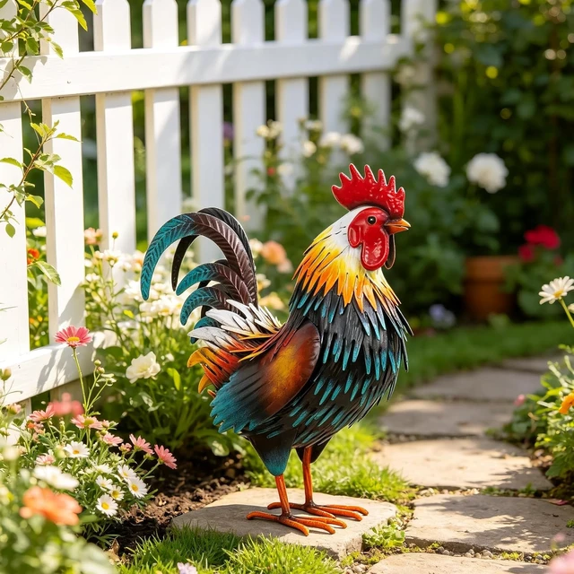 Alt view image 6 of 7 - Metal Rooster Garden Statue Chicken Yard Art Outdoor Figurine for Patio, Backyard Decoration (Yellow)