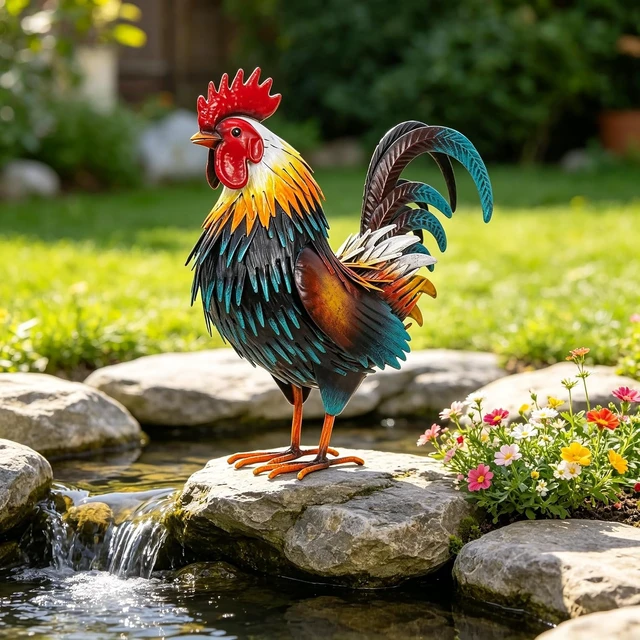 Alt view image 7 of 7 - Metal Rooster Garden Statue Chicken Yard Art Outdoor Figurine for Patio, Backyard Decoration (Yellow)