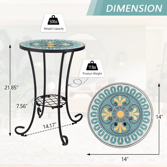 Alt view image 3 of 7 - 14" Mosaic Outdoor Side Table Round Patio Accent Coffee Table