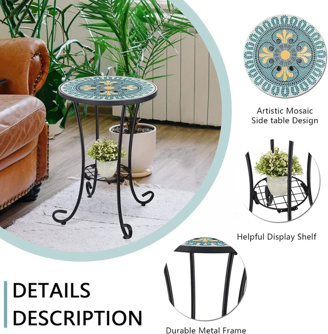 Alt view image 5 of 7 - 14" Mosaic Outdoor Side Table Round Patio Accent Coffee Table