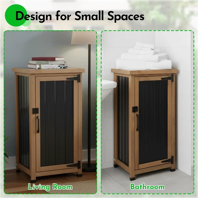 Alt view image 2 of 7 - Small Weatherproof Outdoor Storage Cabinet Wood Potting Bench Table with Metal Top & Removable Shelves for Patio, Backyard, Brown, 17.9''x17.9''x33.5''