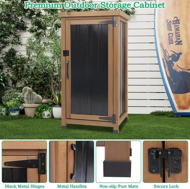 Alt view image 4 of 7 - Small Weatherproof Outdoor Storage Cabinet Wood Potting Bench Table with Metal Top & Removable Shelves for Patio, Backyard, Brown, 17.9''x17.9''x33.5''