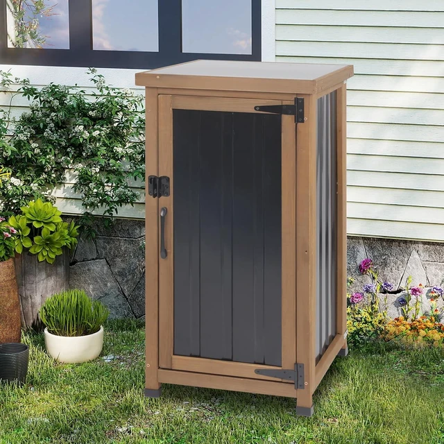 Alt view image 6 of 7 - Small Weatherproof Outdoor Storage Cabinet Wood Potting Bench Table with Metal Top & Removable Shelves for Patio, Backyard, Brown, 17.9''x17.9''x33.5''