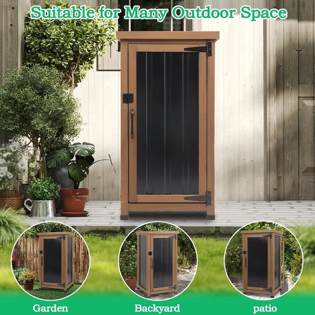 Alt view image 7 of 7 - Small Weatherproof Outdoor Storage Cabinet Wood Potting Bench Table with Metal Top & Removable Shelves for Patio, Backyard, Brown, 17.9''x17.9''x33.5''