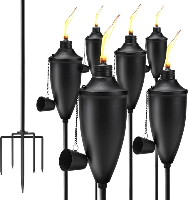 Main image of Home Garden Torch Set of 6 61 in Upgraded 22oz Metal Citronella Torches with 5-Prong Grounded Stake for Party, Patio, Pathway