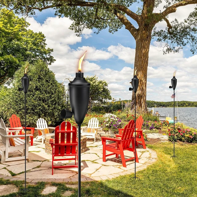 Alt view image 2 of 7 - Home Garden Torch Set of 6 61 in Upgraded 22oz Metal Citronella Torches with 5-Prong Grounded Stake for Party, Patio, Pathway