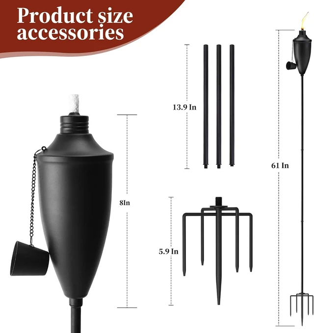 Alt view image 3 of 7 - Home Garden Torch Set of 6 61 in Upgraded 22oz Metal Citronella Torches with 5-Prong Grounded Stake for Party, Patio, Pathway