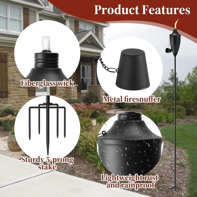 Alt view image 4 of 7 - Home Garden Torch Set of 6 61 in Upgraded 22oz Metal Citronella Torches with 5-Prong Grounded Stake for Party, Patio, Pathway