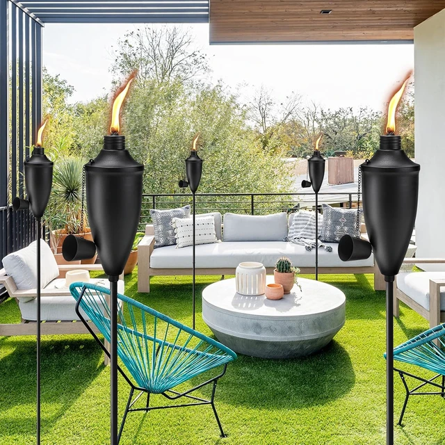 Alt view image 7 of 7 - Home Garden Torch Set of 6 61 in Upgraded 22oz Metal Citronella Torches with 5-Prong Grounded Stake for Party, Patio, Pathway