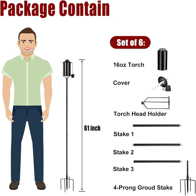 Alt view image 7 of 7 - 6 Pack 16oz Metal Garden Torches for Outside 61" Citronella Torches with 5-Prong Grounded Stake for Garden, Patio, Pathway (6 Pack Metal Torch Set)
