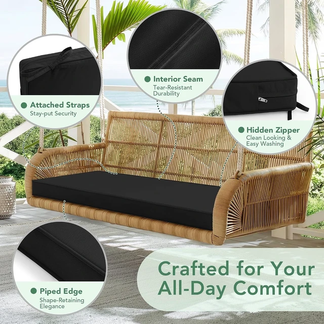 Alt view image 4 of 7 - 42 x 18 x 3 Inch Black Outdoor Bench Cushion Pad