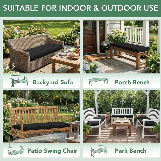 Alt view image 7 of 7 - 42 x 18 x 3 Inch Black Outdoor Bench Cushion Pad