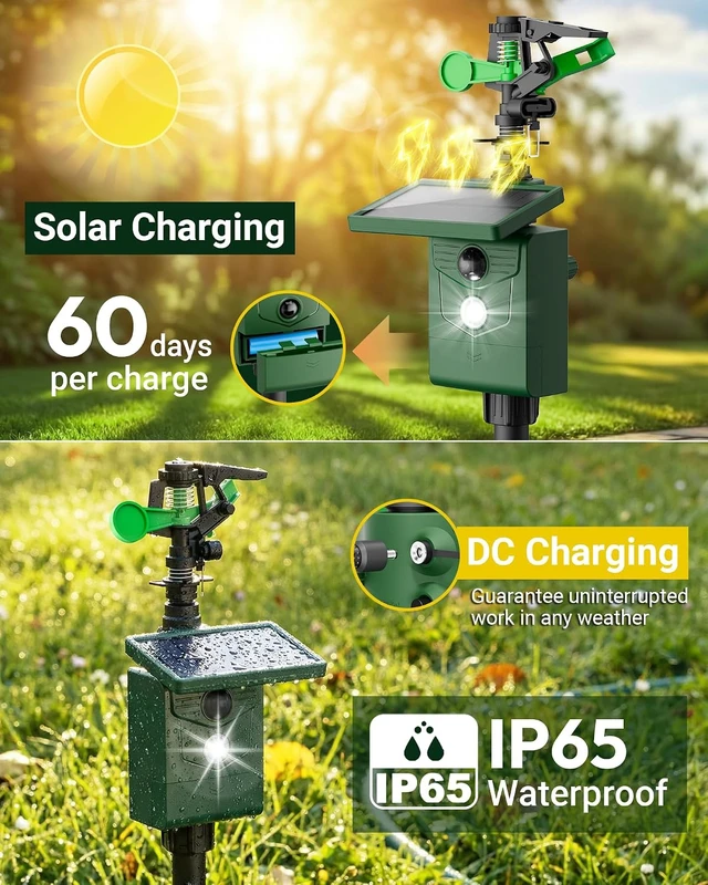Alt view image 4 of 7 - Solar Motion-Activated Sprinkler Animal Repellent Outdoor Deer Cat Deterrent with Motion Sensor & Flashing Lights for Yard & Garden (2, Deep Green)