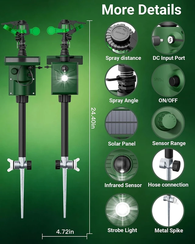 Alt view image 7 of 7 - Solar Motion-Activated Sprinkler Animal Repellent Outdoor Deer Cat Deterrent with Motion Sensor & Flashing Lights for Yard & Garden (2, Deep Green)