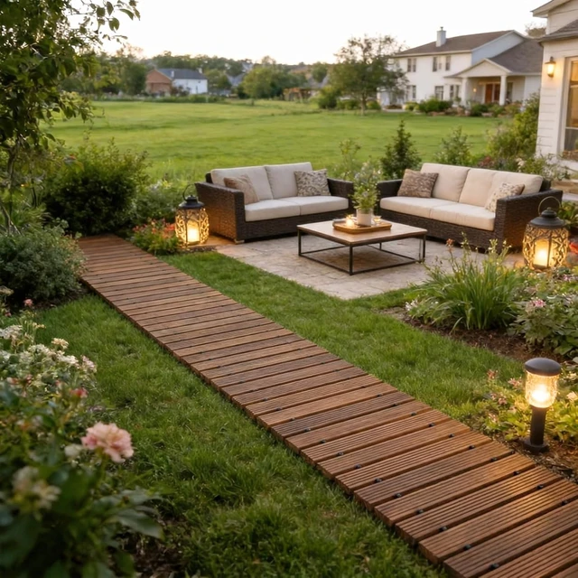 Alt view image 7 of 7 - 12FT Wooden Garden Pathway Roll Out Decorative Straight Walkway