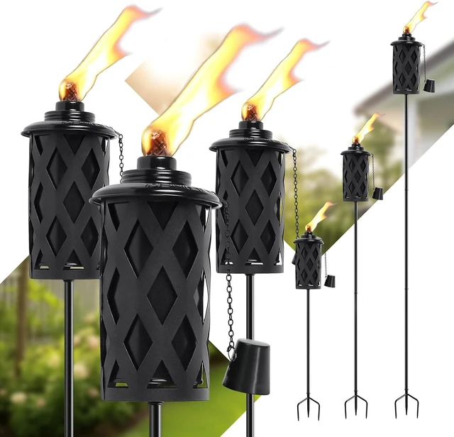 Main image of Set of 6 Citronella Torches for Outside 16 Oz 59 Inch Black Metal Garden Torches with 3-Prong Grounded Stake for Backyard, Garden, Patio