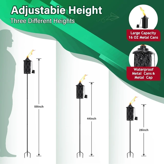 Alt view image 2 of 7 - Set of 6 Citronella Torches for Outside 16 Oz 59 Inch Black Metal Garden Torches with 3-Prong Grounded Stake for Backyard, Garden, Patio