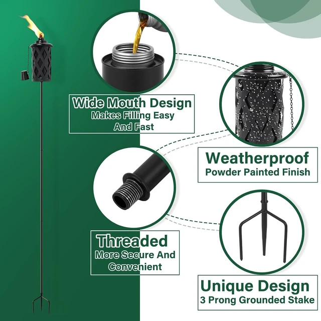 Alt view image 3 of 7 - Set of 6 Citronella Torches for Outside 16 Oz 59 Inch Black Metal Garden Torches with 3-Prong Grounded Stake for Backyard, Garden, Patio