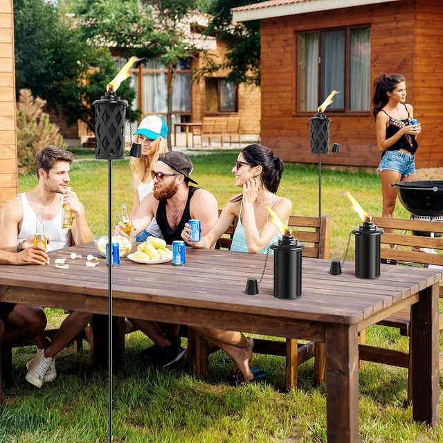 Alt view image 6 of 7 - Set of 6 Citronella Torches for Outside 16 Oz 59 Inch Black Metal Garden Torches with 3-Prong Grounded Stake for Backyard, Garden, Patio