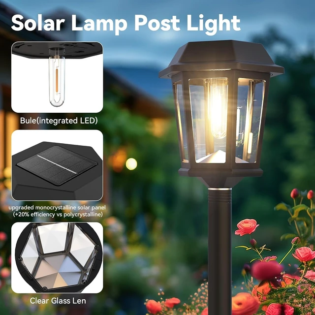 Alt view image 3 of 6 - 2 Pack 63" Solar Lamp Post Lights Outdoor 3000K Warm White Dusk to Dawn Waterproof Floor Lamps for Patio, Yard, Pathway, Driveway