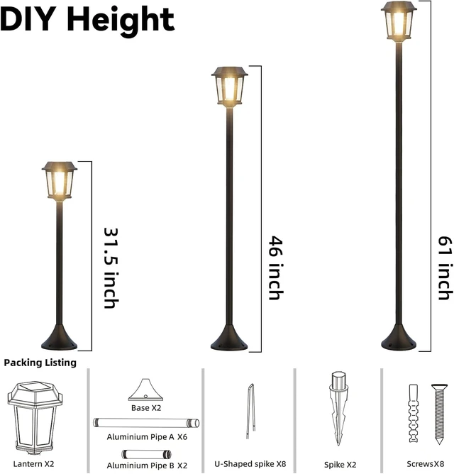 Alt view image 6 of 6 - 2 Pack 63" Solar Lamp Post Lights Outdoor 3000K Warm White Dusk to Dawn Waterproof Floor Lamps for Patio, Yard, Pathway, Driveway