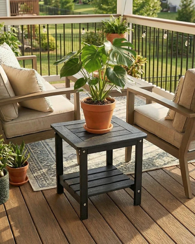Alt view image 2 of 7 - Black 2-Tier HDPE Outdoor Small Patio Side Table