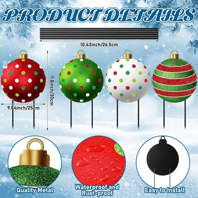 Alt view image 2 of 6 - 4 Pcs Metal Christmas Ball Yard Signs with Stakes