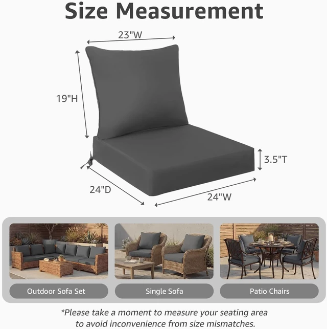 Alt view image 3 of 6 - 24" x 24" x 3.5" Outdoor Seat Cushion Set of 2 Water & Fade Resistant Patio Cushions with Removable Cover & Ties, Thick Deep Seating for Sofa, Couch, Grey