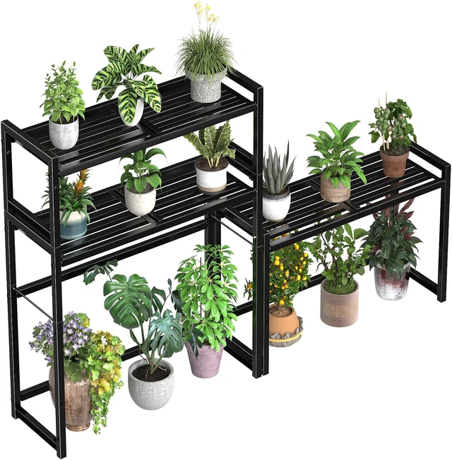 Alt view image 2 of 6 - 3-Tier Heavy Duty Metal Plant Stand Waterproof Stackable Indoor Outdoor Shelf & Flower Pot Display Rack, Black