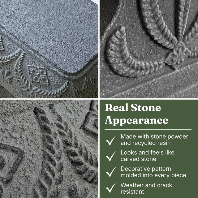 Alt view image 4 of 7 - Basalt Grey Garden Bench Weatherproof Backless Outdoor Seating, Realistic Stone Look Pedestal Furniture for Front Porch, Patio, Yard