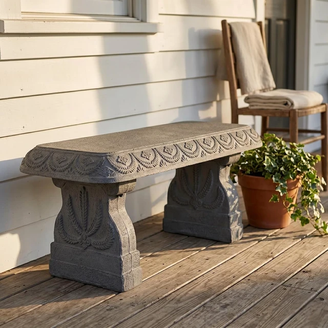 Alt view image 7 of 7 - Basalt Grey Garden Bench Weatherproof Backless Outdoor Seating, Realistic Stone Look Pedestal Furniture for Front Porch, Patio, Yard