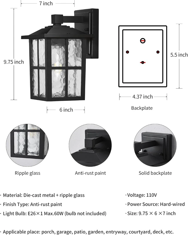 Alt view image 5 of 7 - Set of 2 Black Waterproof Modern Outdoor Patio Wall Light Fixtures
