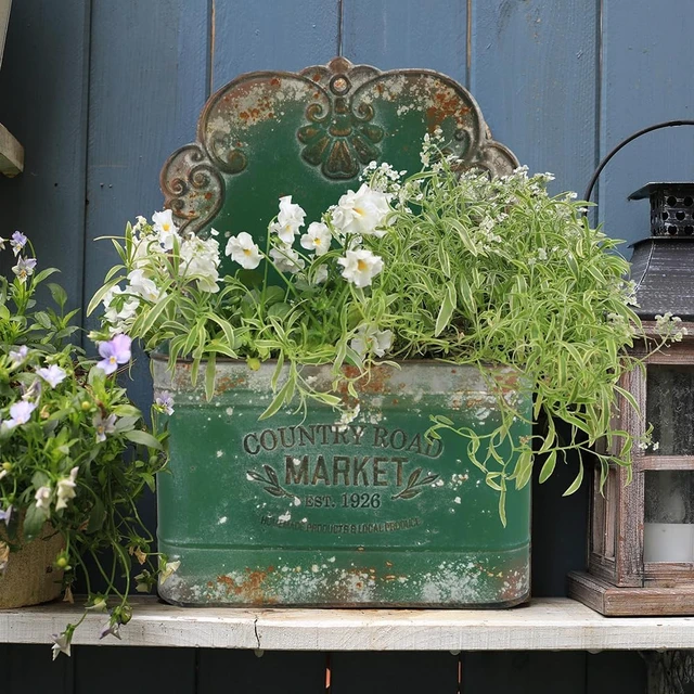 Alt view image 4 of 7 - Rustic Metal Wall Planter Outdoor Hanging Wall Mount Planter for Farmhouse Garden Decor (Green)