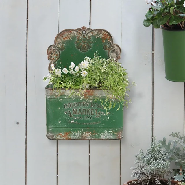 Alt view image 5 of 7 - Rustic Metal Wall Planter Outdoor Hanging Wall Mount Planter for Farmhouse Garden Decor (Green)