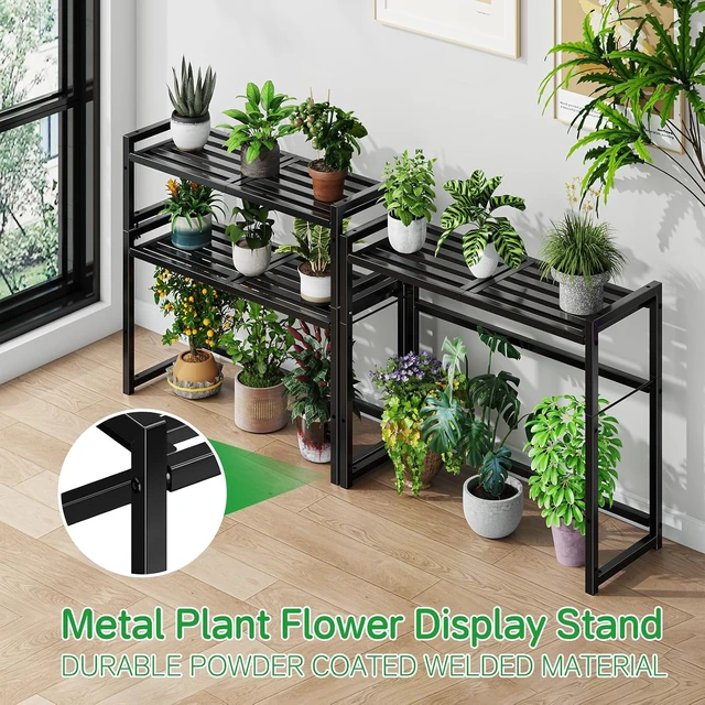 Alt view image 3 of 6 - 3-Tier Heavy Duty Metal Plant Stand Waterproof Stackable Indoor Outdoor Shelf & Flower Pot Display Rack, Black