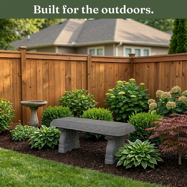 Alt view image 2 of 7 - Basalt Grey Garden Bench Weatherproof Backless Outdoor Seating, Realistic Stone Look Pedestal Furniture for Front Porch, Patio, Yard