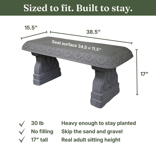 Alt view image 3 of 7 - Basalt Grey Garden Bench Weatherproof Backless Outdoor Seating, Realistic Stone Look Pedestal Furniture for Front Porch, Patio, Yard