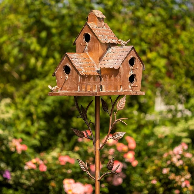 Alt view image 3 of 7 - Large Copper Multi-Birdhouse Stakes, Room for 4 Bird Families Each (Houses Facing Multiple Directions)