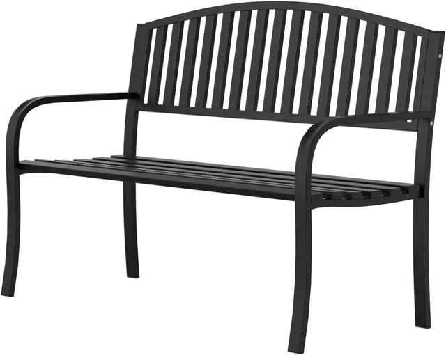 Main image of 50" Wrought Iron Garden Bench 660LBS Black Porch & Patio Bench with Armrests for Lawn or Yard