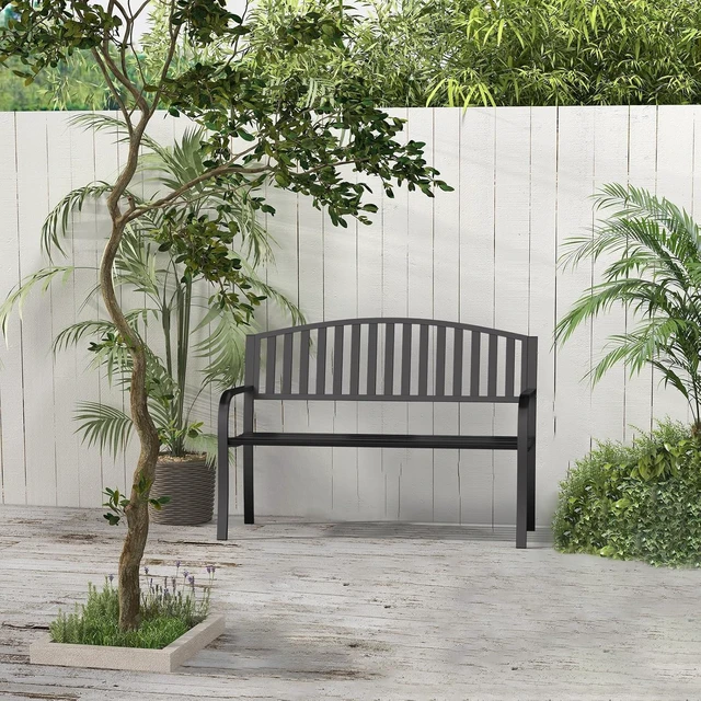 Alt view image 4 of 7 - 50" Wrought Iron Garden Bench 660LBS Black Porch & Patio Bench with Armrests for Lawn or Yard