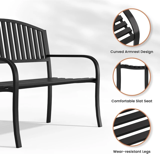 Alt view image 5 of 7 - 50" Wrought Iron Garden Bench 660LBS Black Porch & Patio Bench with Armrests for Lawn or Yard