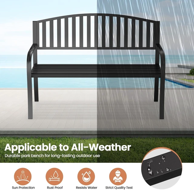 Alt view image 6 of 7 - 50" Wrought Iron Garden Bench 660LBS Black Porch & Patio Bench with Armrests for Lawn or Yard