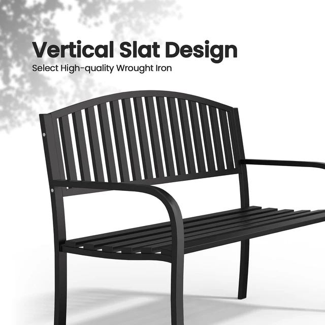 Alt view image 7 of 7 - 50" Wrought Iron Garden Bench 660LBS Black Porch & Patio Bench with Armrests for Lawn or Yard