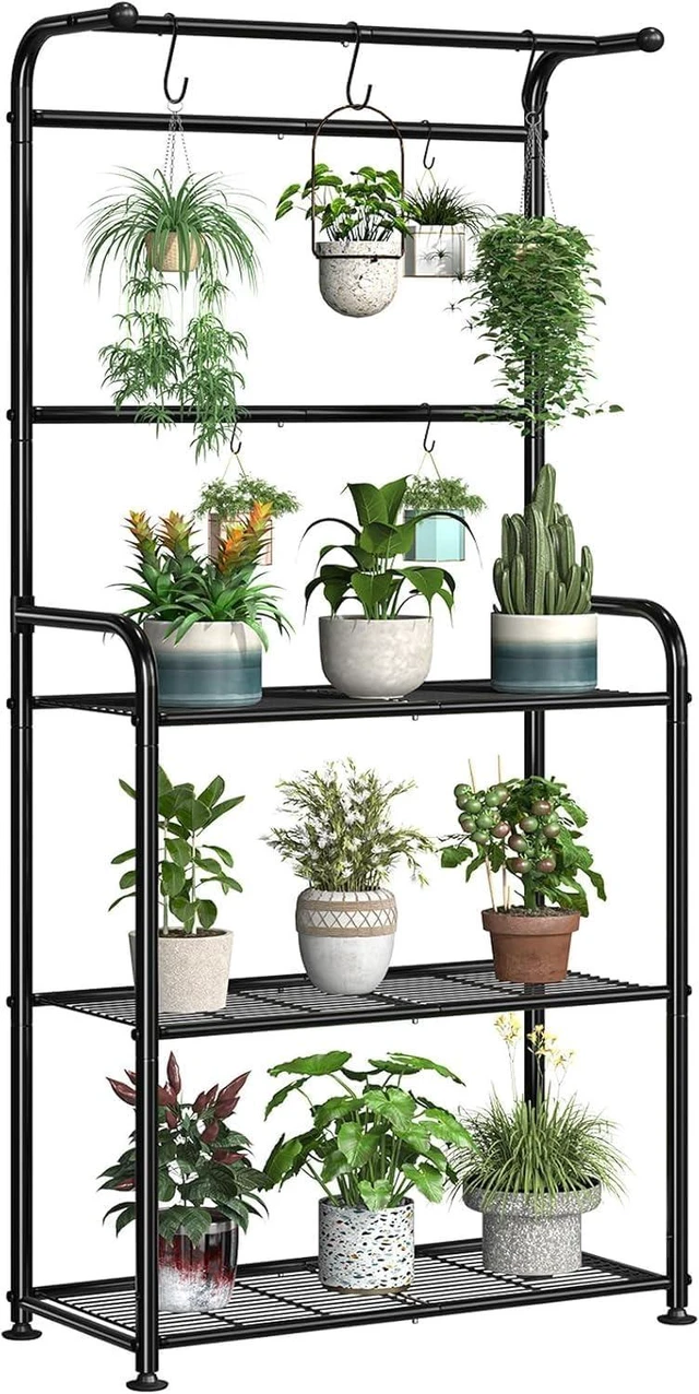 Main image of Black Metal Plant Stands with Hooks Tall Indoor Outdoor Shelves for Hanging Planters